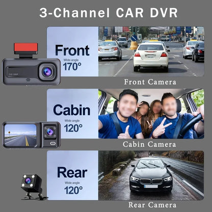 Dash Cam Front and Rear and inside 1080P Full HD 3 Way Dash Cam 3 Cameras Vidoe Recorder Black Box with 3 Cameras